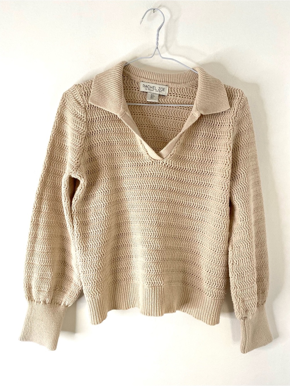 Rachel Zoe Cream Cotton Open Knit Pointelle Polo Collar Sweater